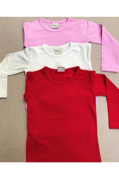 Özdemir Bebe Girls' Lycra Basic Long Sleeve T-Shirt Cream-red-pink Color (PACK OF 3)