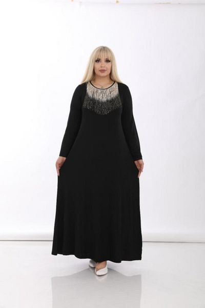 Şirin Butik Γυναικείο Μαύρο Μεγάλο Μέγεθος Φόρεμα Βισκόζης με Ασημί Φούντα