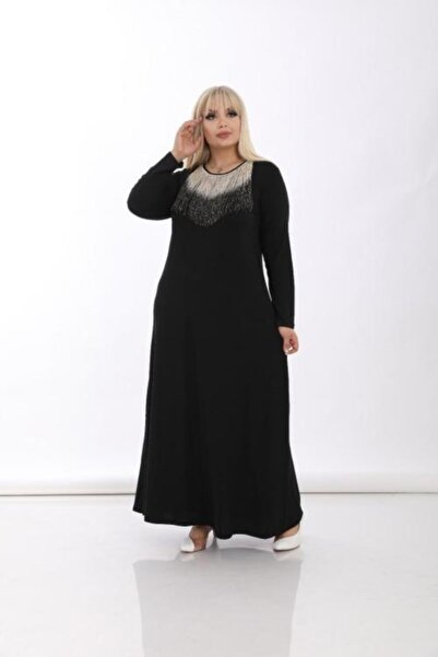 Şirin Butik Kadın Siyah Büyük Beden Simli Püskül Detay Viskon Elbise