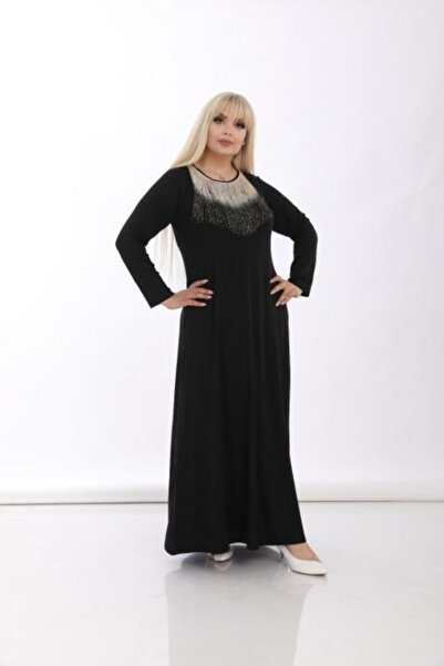 Şirin Butik Kadın Siyah Büyük Beden Simli Püskül Detay Viskon Elbise