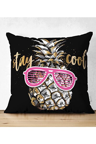 Realhomes Çift Taraflı Siyah Zeminde Cool Ananas Desenli Modern Süet Yastık K...