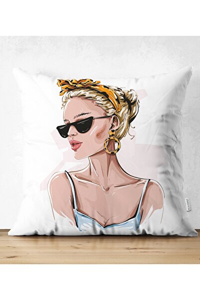 Realhomes Güneş Gözlüklü Genç Kadın Desenli Çift Taraflı Modern Süet Kırlent ...