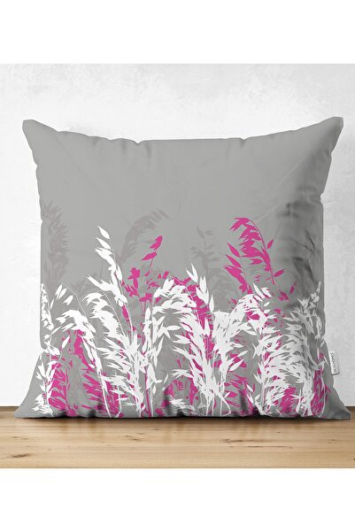Realhomes Gri Zeminde Fuşya Ve Beyaz Çiçek Tasarımlı Çift Taraflı Süet Yastık...