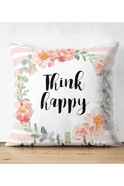 Realhomes Double Sided Flower Motif Think Happy Digital Printed Suede Pillow Throw Pillow Cover