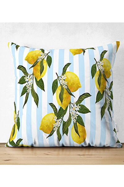 Realhomes غطاء وسادة من جلد الغزال المزخرف بنمط الليمون المخطط باللون الأزرق على الوجهين