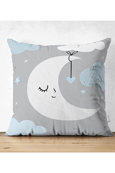 Realhomes Față cu două fețe, nor albastru și lună gri, design pentru cameră pentru bebeluși, husă de pernă din piele întoarsă