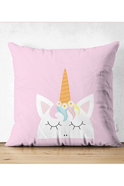 Realhomes Çift Taraflı Pembe Zeminde Unicorn Desenli Çocuk Odası Süet Yastık ...