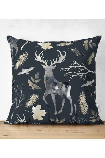 Realhomes Çift Taraflı Siyah Zeminde Geyik Ve Yaprak Desenli Süet Yastık Kırl...