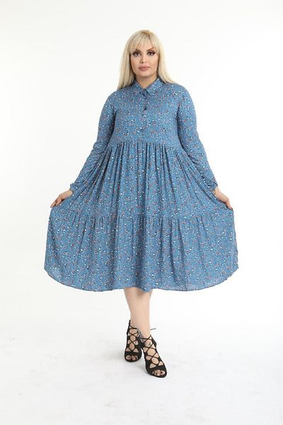 Şirin Butik Rochie de damă, albastră, cu guler de cămașă, cu flori mari