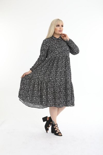 Şirin Butik Women's Black Floral Shirt Collar Plus Size Dress
