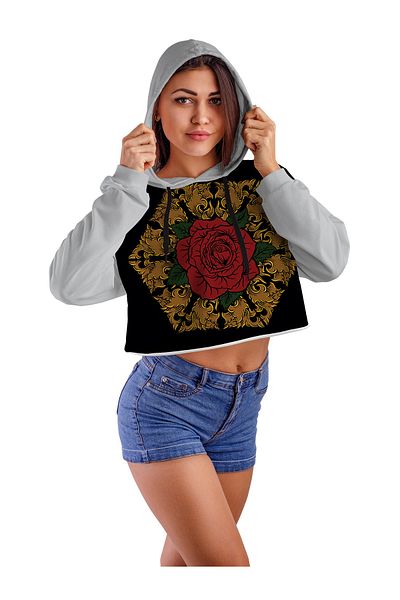 ACR Giyim Tekstil Forma Baskı Women's White Mexican Rose Front And Back Printed Hooded Crop Top 2 Thread Sweatshirt