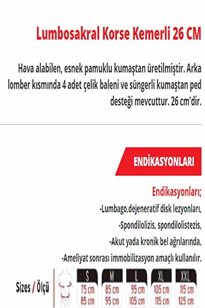 İNCİR Lumbosakral Korse Kemerli 26cm Bel Ağrısı Ve Bel Fıtığı Korsesi