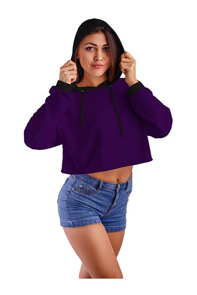 ACR Giyim Women's Dark Purple Hooded Crop Top Sweatshirt 2 Threads