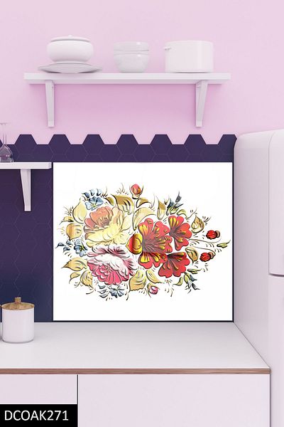 Olinpa 60X52 cm Glass Stove Back Protector Built-In Back Protective Flower