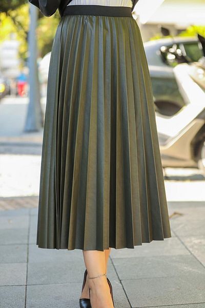 Neva Style - Faux Leather Khaki Hijab Skirt 12911hk
