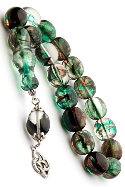 OTTOTESBİH Erkek Şeffaf Yeşil Renk Süzmesi Toz Kehribar Efe Tesbihi 14x15 mm