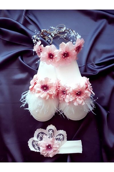 Şeker Tadında Tasarımlar Pink Maternity Crown Slippers Baby Band Set