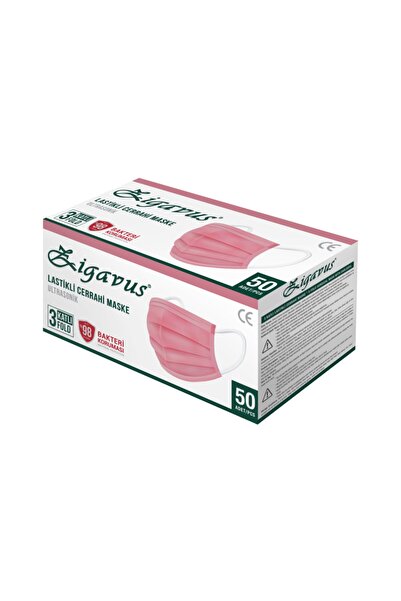 Zigavus Toz Pembe 50 Adet Tek Kullanımlık Lastikli Telli 3 Katlı Cerrahi Koru...