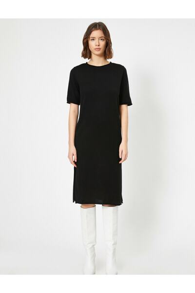 Koton Kadın Siyah Yirtmaç Detayli Elbise