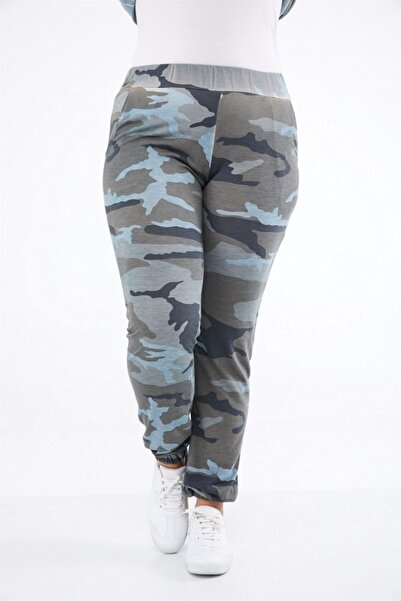Seamoda Women's Light Blue Camouflage Pattern Oil Washed Leg Elastic Sweatpants
