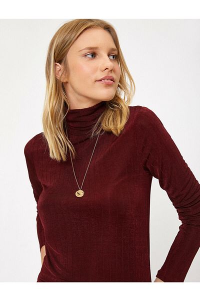 Koton Women's Claret Red Turtleneck T-Shirt 0KAK13302EK