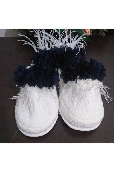 SÜSLÜTASARIM Women's Navy Blue Maternity Slippers and Feathered Pearl Crown – Maternity Set
