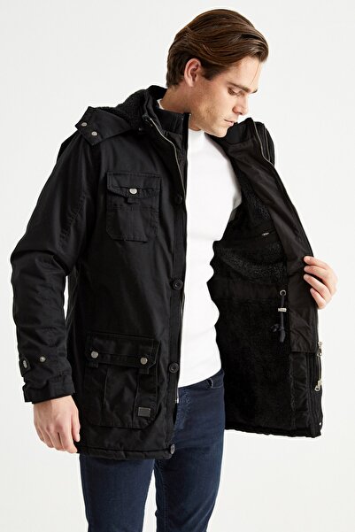 DYNAMO Ανδρικό παλτό με μαύρη κουκούλα με γούνα με αδιάβροχη επένδυση