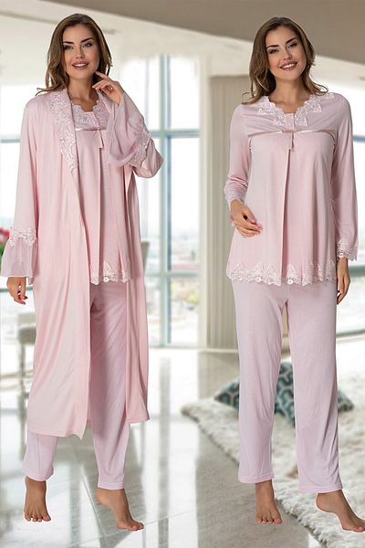 lohusahamile Women's Pink Long Dressing Gown Lace Maternity Pajama Set