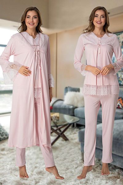 lohusahamile Women's Pink Sleeves Laced Dressing Gown Lace Maternity Pajama Set