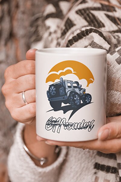 Beyaz Vektörel Çizim Offroader Jip Baskılı Kupa