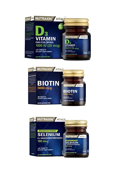 Nutraxin Vitals Biotin 5000 mcg 30 Tablet+ Selenium 100 mcg 100 Tablet+ D3 Vi...