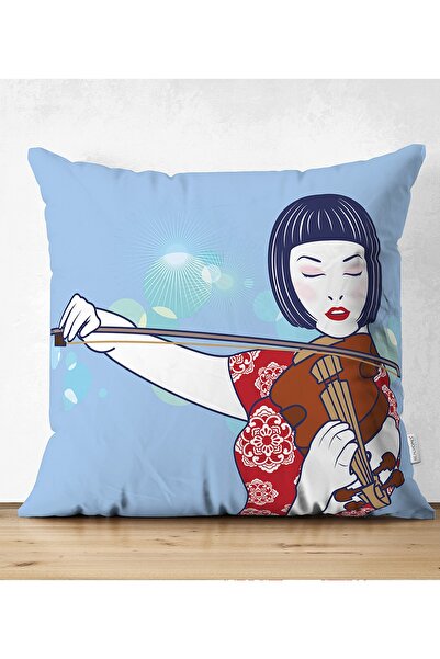 Realhomes Fată japoneză care cântă la vioară pe fundal albastru Husă de pernă decorativă cu model