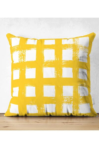 Realhomes Sarı Zeminde Geometrik Kare Motifli Çift Taraflı Dekoratif Süet Yas...