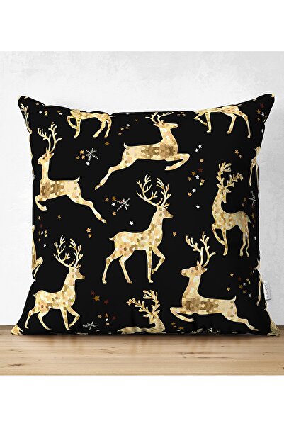 Realhomes Çift Taraflı Altın Detaylı Geyikler Desenli Modern Süet Yastık Kırl...