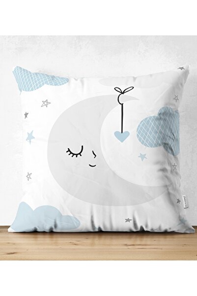 Realhomes Față cu două fețe, nor albastru și lună gri, design pentru cameră pentru bebeluși, husă de pernă din piele întoarsă