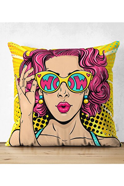 Realhomes Sarı Zeminli Pop Art Girl Desenli Çift Taraflı Dekoratif Süet Yastı...