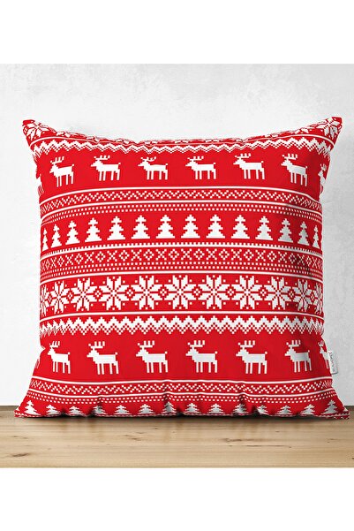 Realhomes Çift Taraflı Kırmızı Zeminli Kanaviçe Geyik Desenli Süet Yastık Kır...