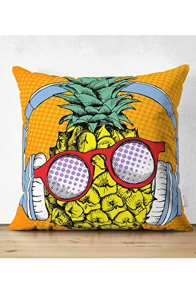 Realhomes Turuncu Zeminde Summer Ananas Tasarımlı Çift Taraflı Süet Yastık Kı...
