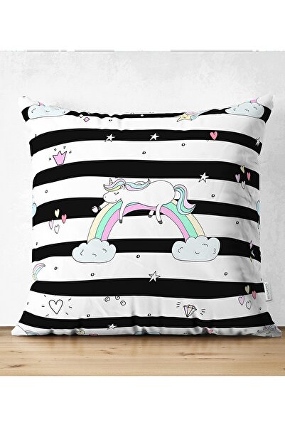 Realhomes Pernă din piele întoarsă cu dungi alb-negru cu model unicorn - Husă de pernă pentru camera copiilor