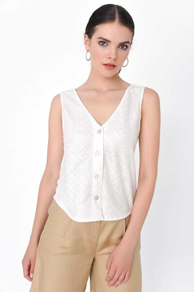 Hanna's by Hanna Darsa Kadın Ekru Keten V Yakalı Kolsuz Önden Düğmeli Varak B...