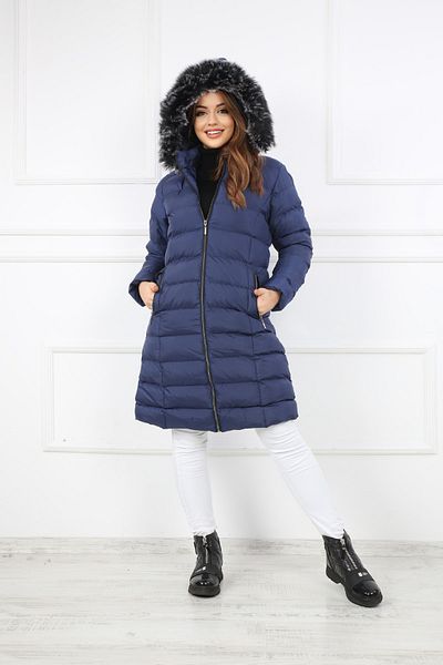 S&V TEKSTİL Palton lung puffer albastru bleumarin de damă