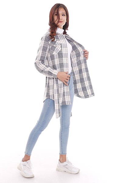 DISENTIS MODEST Γυναικείο πουκάμισο με τζάκετ σε γκρι λευκό καρό ξυλοκόπο με ζώνη