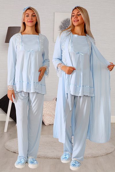 lohusahamile Women's Blue Maternity Pajamas Set with Easy Breastfeeding Feature and Dressing Gown 20124