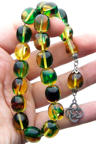 OTTOTESBİH Men's 14x15mm Mascot Size Green Yellow Color Filtered Powder Amber Prayer Beads Efe Prayer