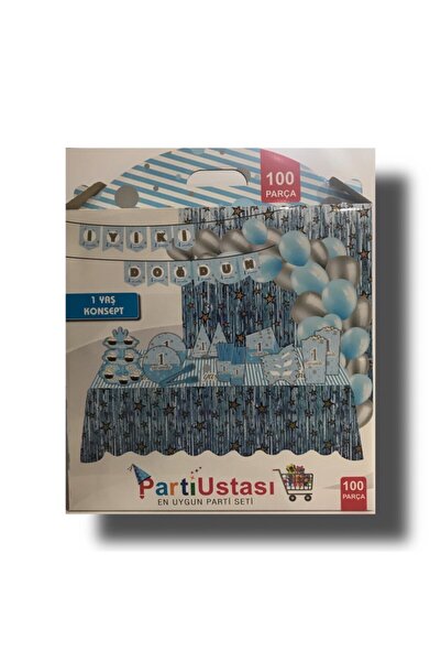 Parti Ustası 1 Yaş Konsept 100 Parça Doğum Günü Seti (8 Kişilik) Mavi