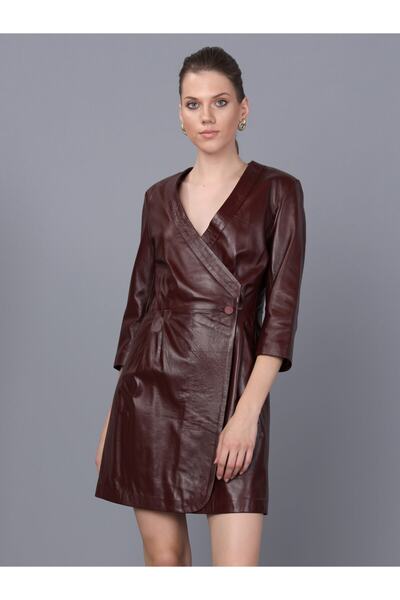 Basics&More Kadın Bordo Deri Elbise Dr01