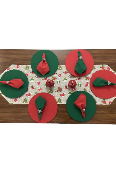 Zeren Home Yılbaşı Sofrası Runner , Supla , Servis Peçetesi , Peçete Yüzüğü 6 Kişilik Set
