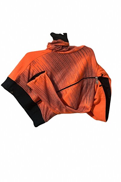 Erkek Çocuk Oranj Siyah Baskılı Fermuarlı Cepli Kapşonlu Günlük Dört Mevsim Sweatshirt