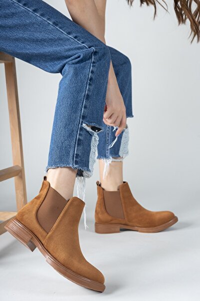 Riccon Tan Suede Γυναικείες Μπότες Chealsea 0012104