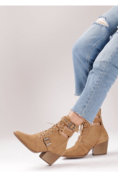 Bej Ayakkabı Women's Coco Buckle and Tie Detail Back Zipper Heeled Boots Camel